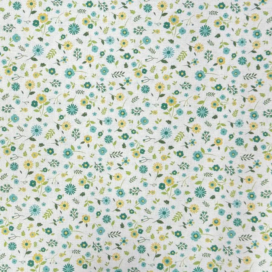 Flor Pequeña Mostaza y Azul — Algodón estampado en El Baúl de Lore